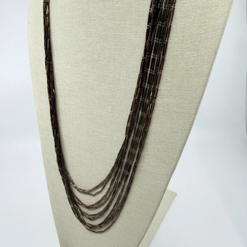 Bronze Tone Bugle Bead Multi Strand Necklace Layered Boho Statement Jewelry